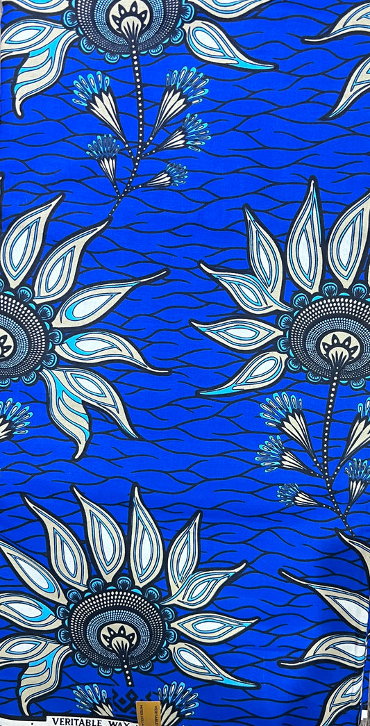 100% Cotton African Print Fabric - Blue Flowers