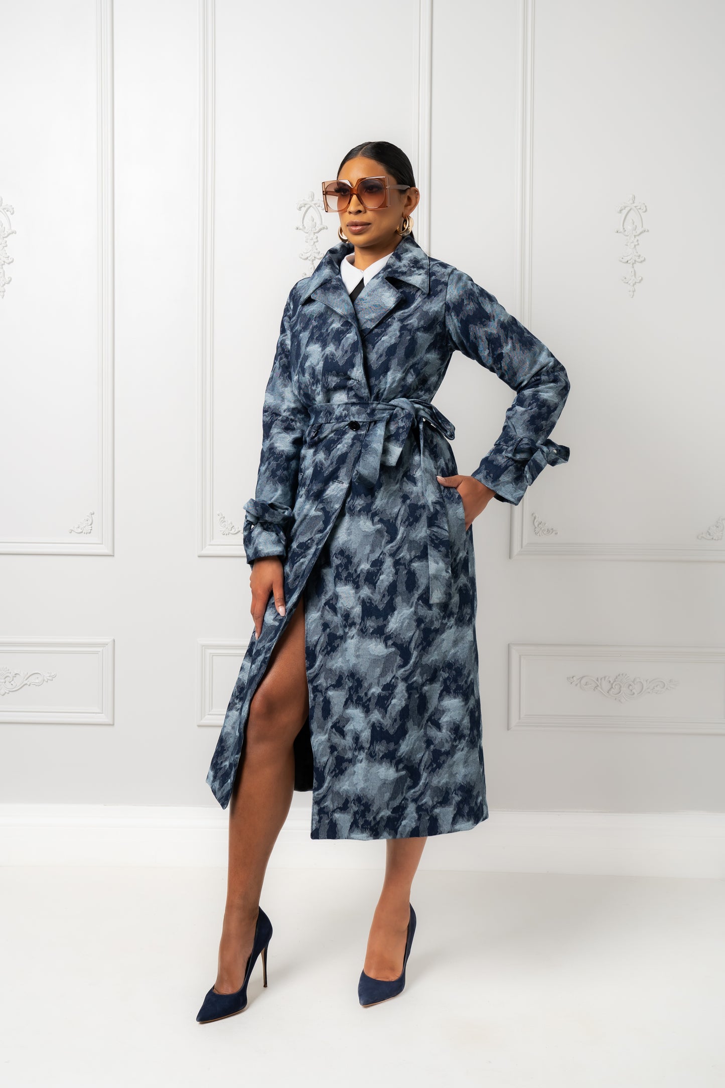 Aliyah Denim Jacquard Trench Jacket